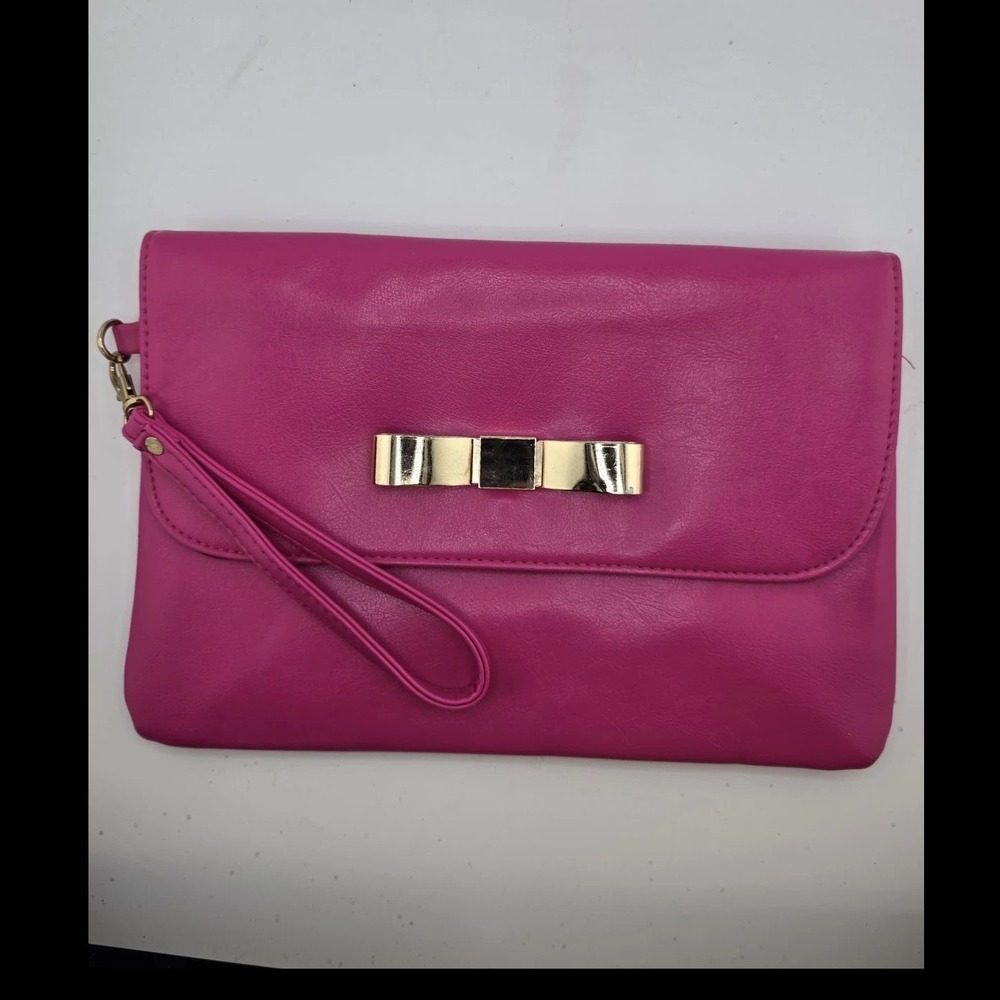 Hot Pink Bow Clutch Purse Wristlet Fold Over Evening Bag Gold Accent